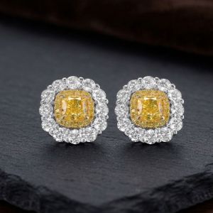 Double Halo Two Tone Cushion Cut Yellow Sapphire Stud Earrings For Women
