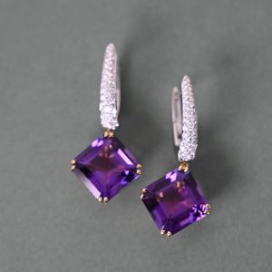 Two Tone Asscher Cut Amethyst Sapphire Drop Earrings For Women