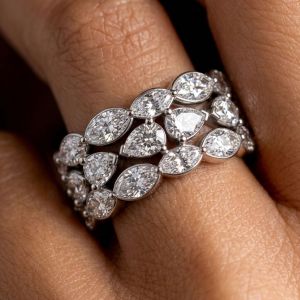 Three Row Pear & Marquise Cut White Sapphire Wedding Band For Women
