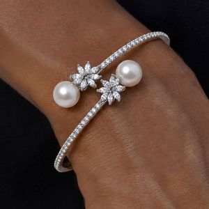 Cluster Design Round Cut Pearl Bangle Bracelet For Women Wedding Jewelry 