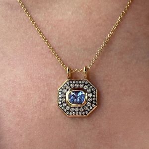 Double Halo Two Tone Bezel Cushion Cut Blue Sapphire Pendant Necklace For Women  