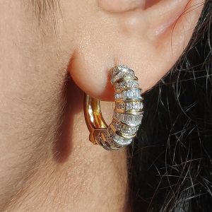 Golden Round & Baguette Cut White Sapphire Hoop Earrings For Women Wedding Jewelry 