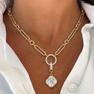Bezel Golden Asscher Cut White Sapphire Pendant Necklace For Women
