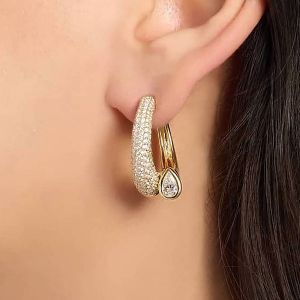 Golden Pear Cut White Sapphire Hoop Earrings For Women