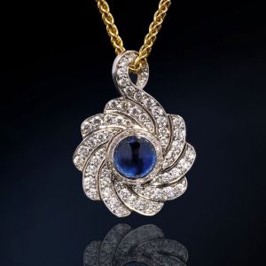 Bezel Two Tone Round Cut Blue Sapphire Cabochon Pendant Necklace For Women