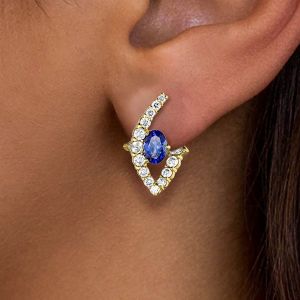 Golden Oval Cut Blue Sapphire Drop Earrings For Women Wedding Jewelry