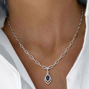 Halo Pear Cut Blue Sapphire Pendant Necklace For Women