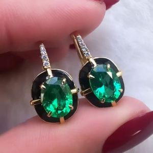 Golden Oval Cut Emerald Sapphire Drop Earrings For Women