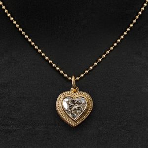 Golden Retro Embossed Bezel Heart Cut White Sapphire Ball Chain Pendant Necklace For Women
