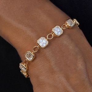 Golden Bezel Asscher Cut White Sapphire Tennis Bracelet For Women