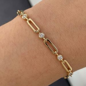 Bezel Golden Round Cut White Sapphire Tennis Bracelet For Women Wedding Jewelry  