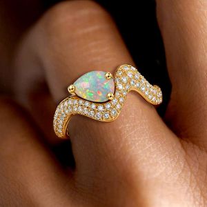 Golden Pear Cut Opal Ring Engagement Ring For Women Wedding Jewelry 