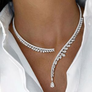  Asymmetrical Leaf Wing Pear & Marquise Cut White Sapphire  Drop Necklace Open V Collar Necklace For Women