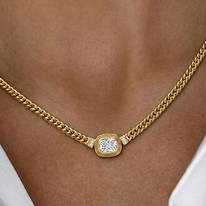 Golden Cuban Link Chain Cushion Cut White Sapphire  Pendant Necklace For Women