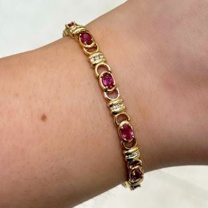 Golden Oval Cut Ruby Sapphire Tennis Bracelet For Women  
