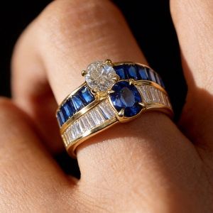Golden Toi Et Moi Oval Cut Blue Sapphire Engagement Ring For Women