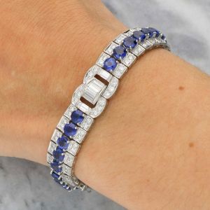 Art Deco Round Cut Blue Sapphire Tennis Bracelet For Women