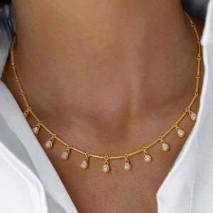 Golden Pear Cut White Sapphire Drop Necklace For Women Wedding Jewelry 