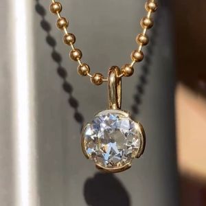 Bezel Golden Ball Chain Solitaire Round Cut White Sapphire Pendant Necklace For Women