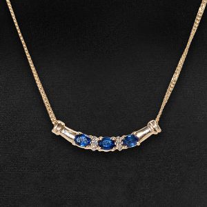 Three Stones Golden Oval Cut Blue Sapphire Pendant Necklace For Women 