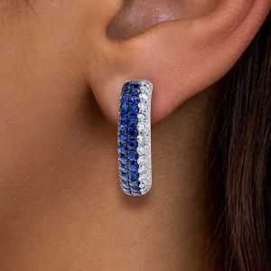 Two Tone Round Cut Blue Sapphire Hoop Earrings For Women