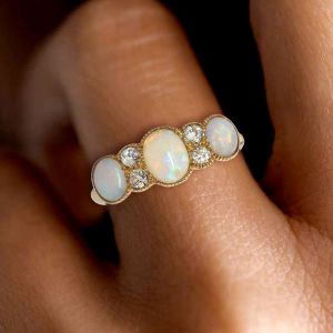 Antique Milgrain Oval Cut Opal Three Stone Engagement Ring For Women