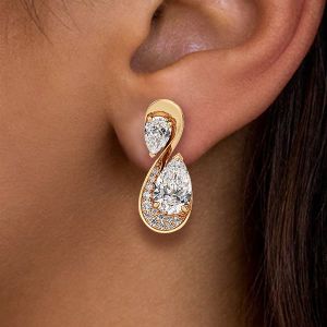 Golden Pear Cut White Sapphire Drop Earrings For Women Wedding Jewelry 