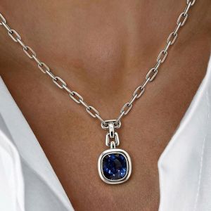 Bezel Solitaire Cushion Cut Blue Sapphire Pendant Necklace For Women