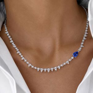 Elegant Pear Cut Blue Sapphire Bridal Statement Necklace Tennis Necklace For Women