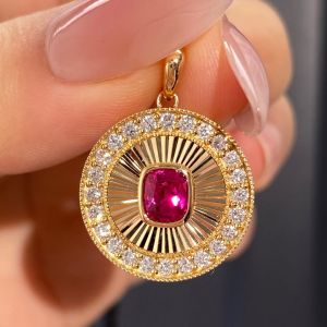 Halo Bezel Golden Cushion Cut Ruby Sapphire Pendant Necklace For Women