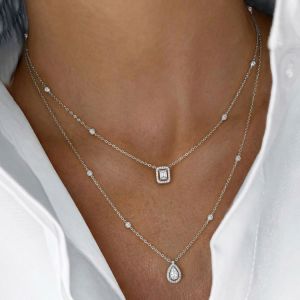 Double Row Halo Pear & Emerald Cut White Sapphire Layered Necklace For Women Wedding Jewelry