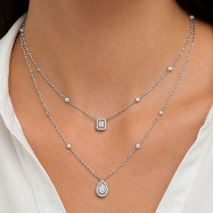 Double Row Halo Pear & Emerald Cut White Sapphire Layering Necklace For Women Wedding Jewelry 