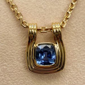 Golden Bezel Cushion Cut Blue Sapphire Gold Necklace Pendant Necklace For Women 