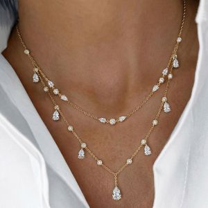 Double Row Golden Pear Cut White Sapphire Layered Necklace Pendant Necklace For Women