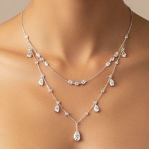 Two‑Tier Pear Cut White Sapphire Double Layer Dangling Drop Necklace For Women Wedding Bridal