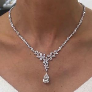 Cluster Design Pear Cut White Sapphire Necklace For Women Wedding Jewelry 