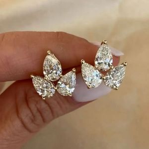Cluster Design Golden Pear Cut White Sapphire Stud Earrings For Women 