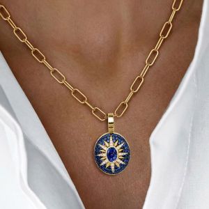 Two Tone Halo Oval Cut Blue Sapphire Pendant Necklace For Women Wedding Jewelry