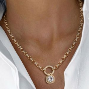 Golden Halo Cushion Cut White Sapphire Pendant Necklace For Women 