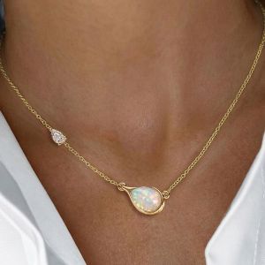 Golden Bezel Pear Cut Opal Pendant Necklace For Women 