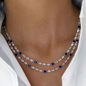 Layering Design Double Row Emerald Cut Blue Sapphire Wedding Necklace For Women