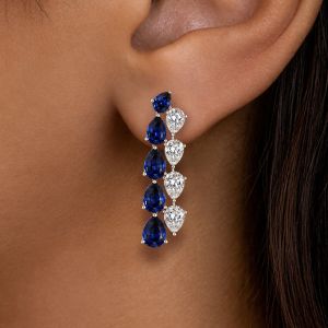 Double Row Pear Cut Blue Sapphire Drop Earrings For Women Wedding Jewelry
