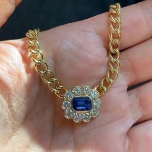 Golden Bezel Halo Emerald Cut Blue Sapphire Pendant Necklace For Women Wedding Jewelry