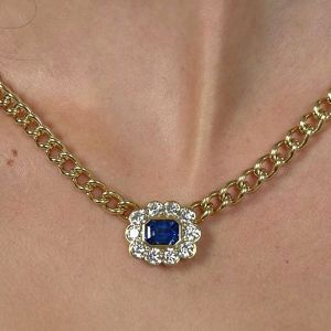 Golden Bezel Halo Emerald Cut Blue Sapphire Pendant Necklace For Women Wedding Jewelry
