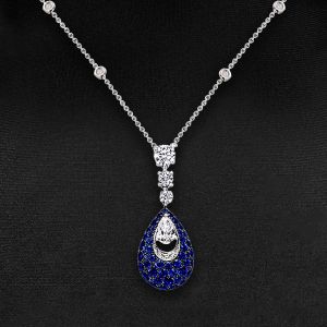 Two Tone Round Cut Blue Sapphire Pendant Necklace For Women Wedding Jewelry