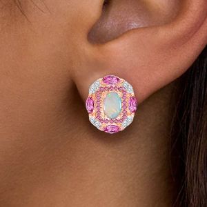 Halo Two Tone Oval Cut Opal & Pink Sapphire Stud Earrings For Women