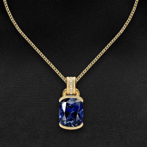 Golden Half Bezel Cushion Cut Blue Sapphire Pendant Necklace For Women