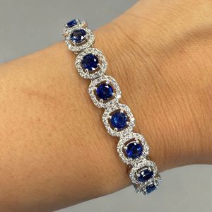 Halo Round Cut Blue Sapphire Tennis Bracelet For Women  