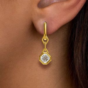 Golden Bezel Lozenge Motif Asscher Cut White Sapphire Drop Earrings For Women
