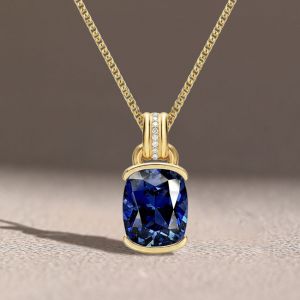 Golden Half Bezel Cushion Cut Blue Sapphire Pendant Necklace For Women